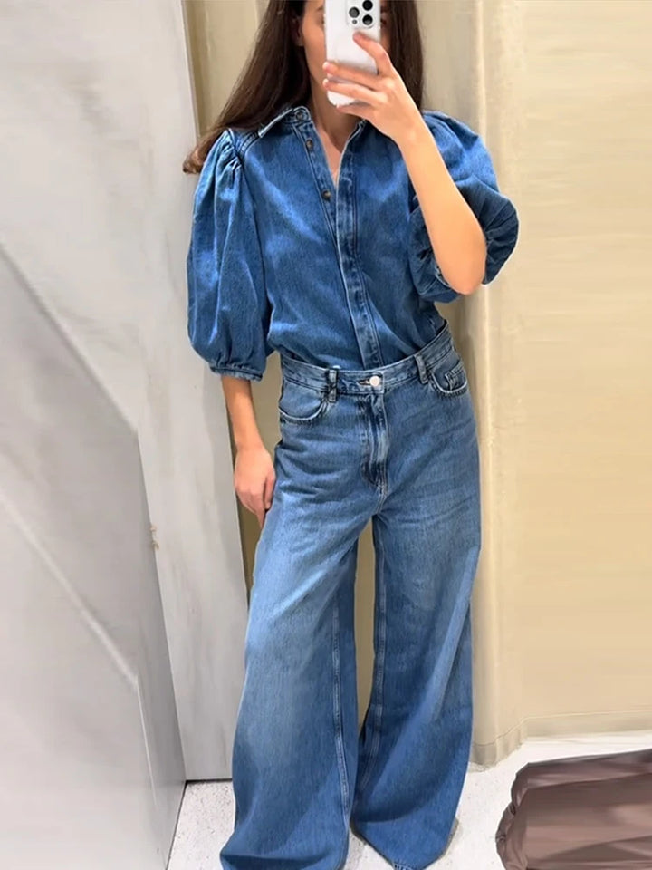 Puff Sleeve Denim Blouse