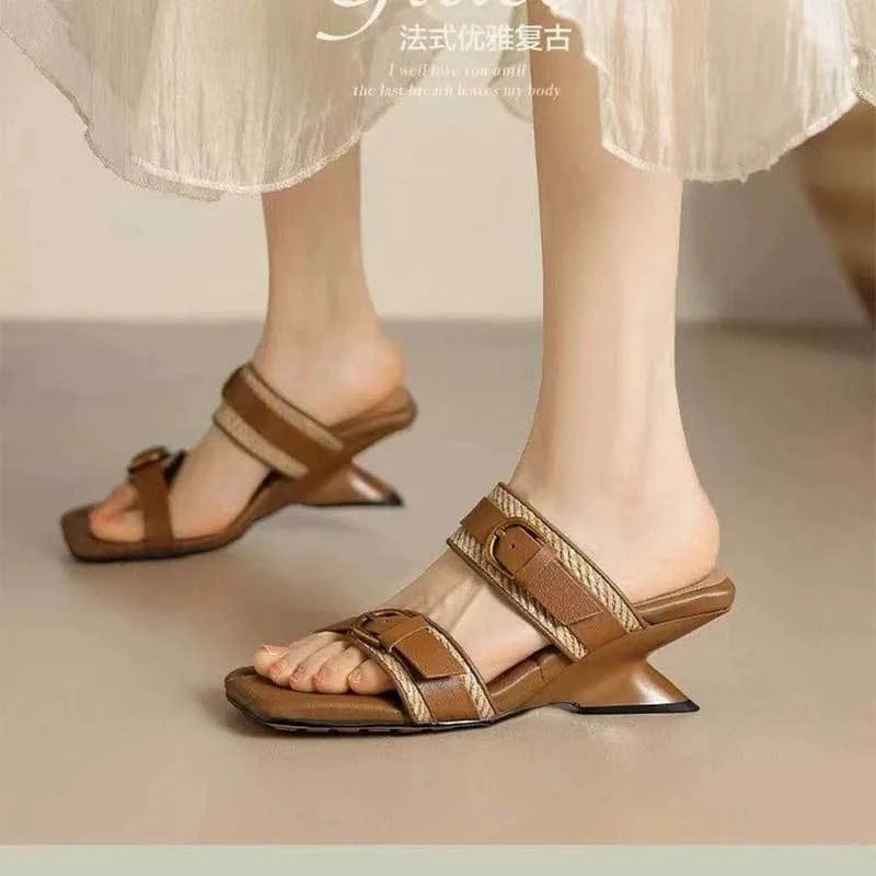 Braided Belt Buckle Open Toe Wedges