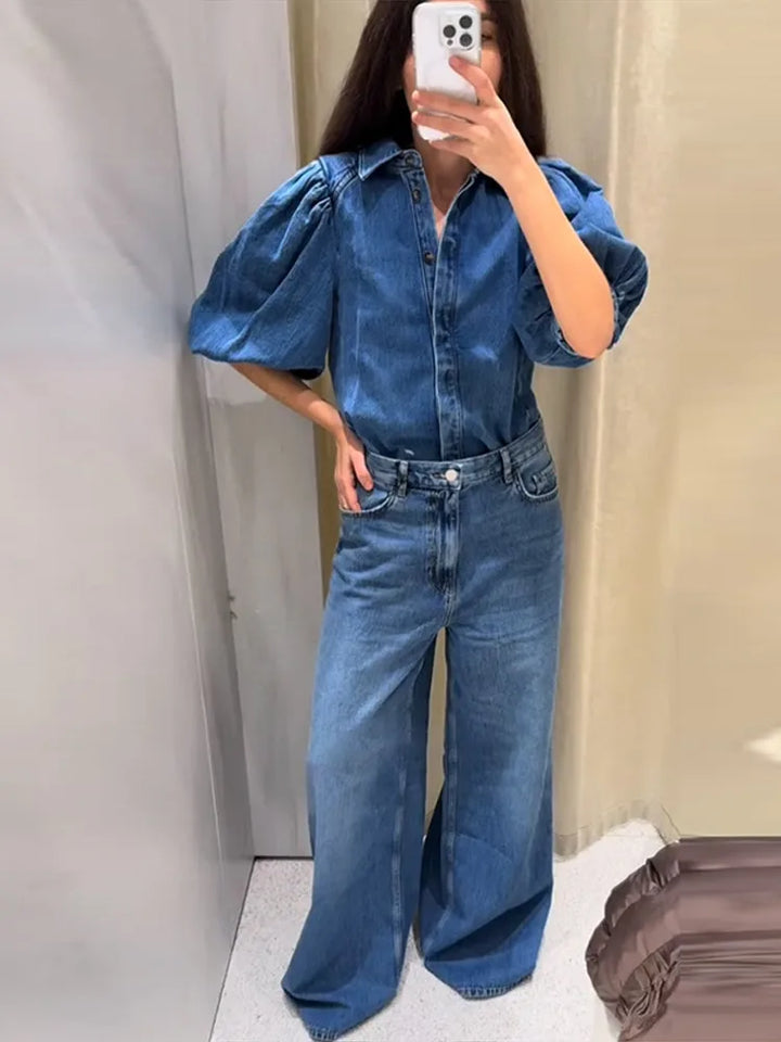 Puff Sleeve Denim Blouse