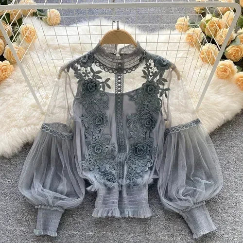 Lace Puff Long Sleeve Blouse