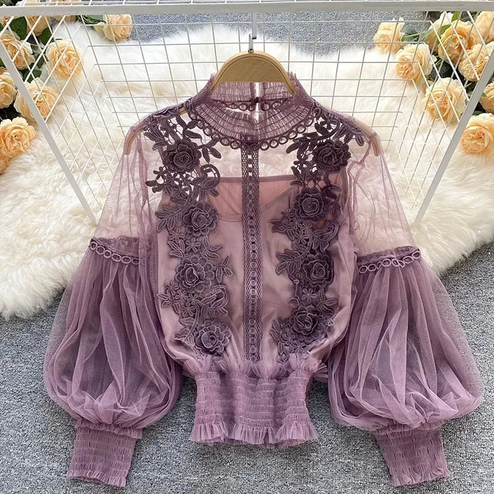 Lace Puff Long Sleeve Blouse
