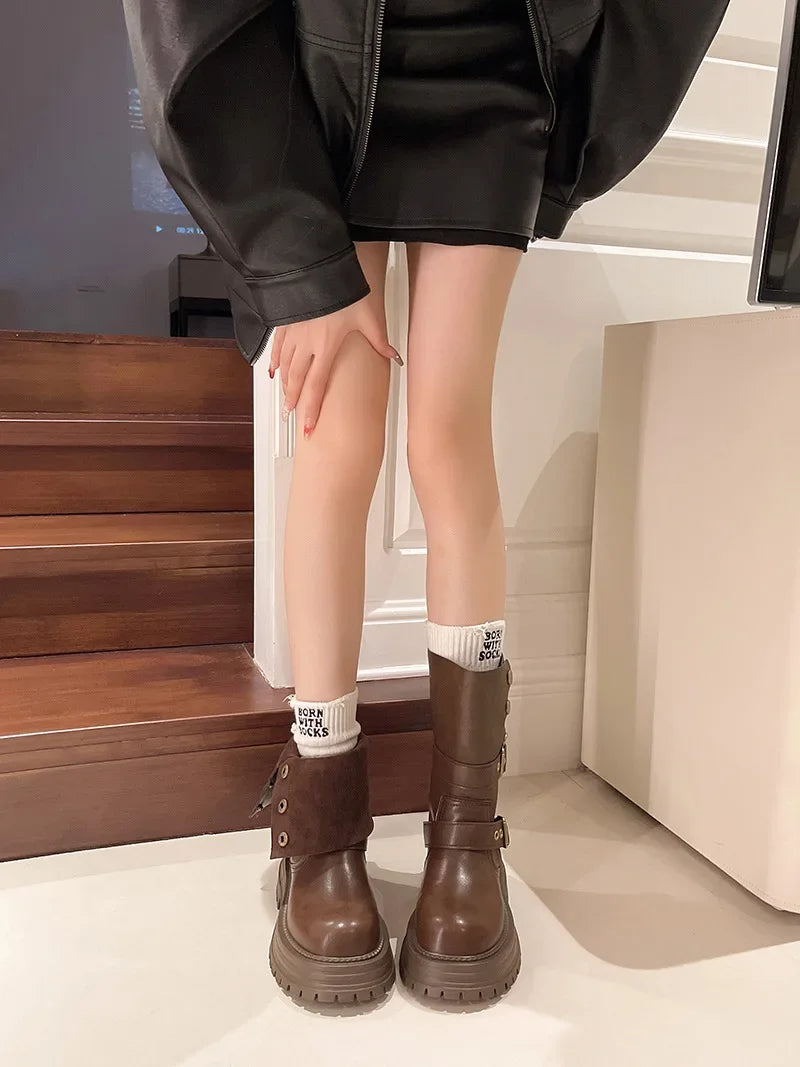 Retro British Style Women's Mid-Calf Boot