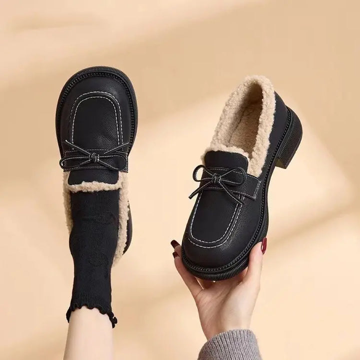 Round Toe Low Heel Bow Decor Slip-On Bean Shoes