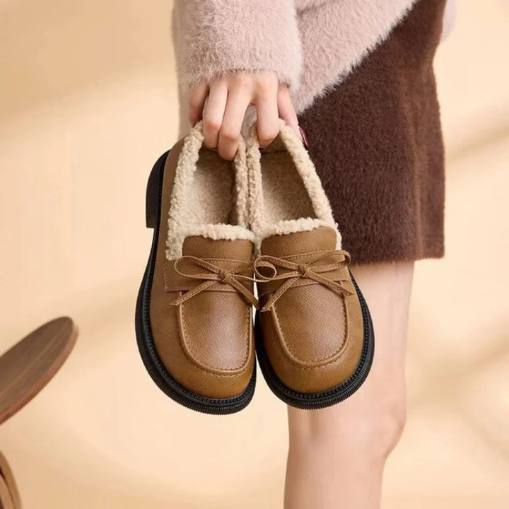 Round Toe Low Heel Bow Decor Slip-On Bean Shoes