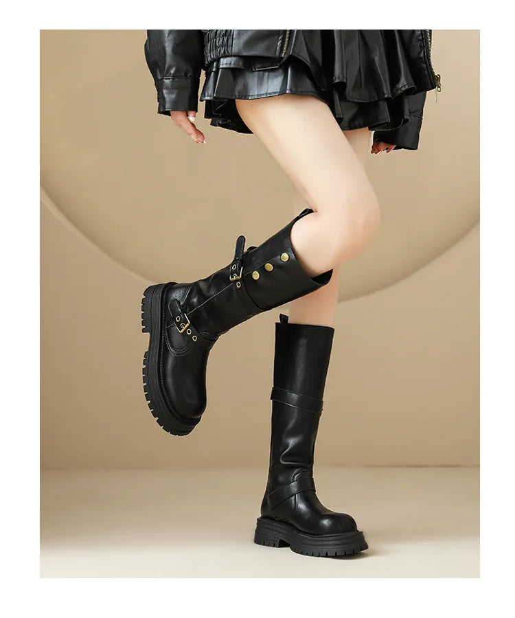 Retro British Style Thick Soled Long Boots