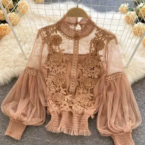 Lace Puff Long Sleeve Blouse