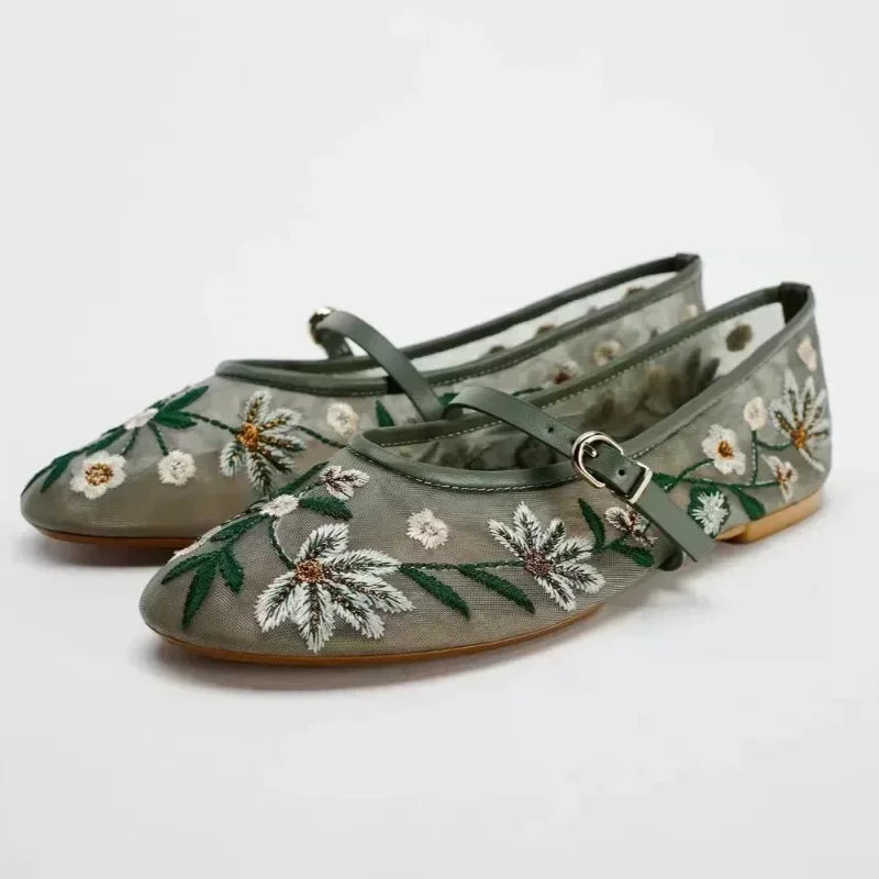 Embroidered Flower Mary Jane Ballets
