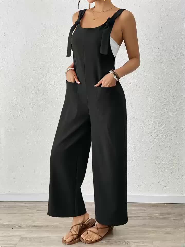 Casual jumpsuit with textured weave and knotted detail