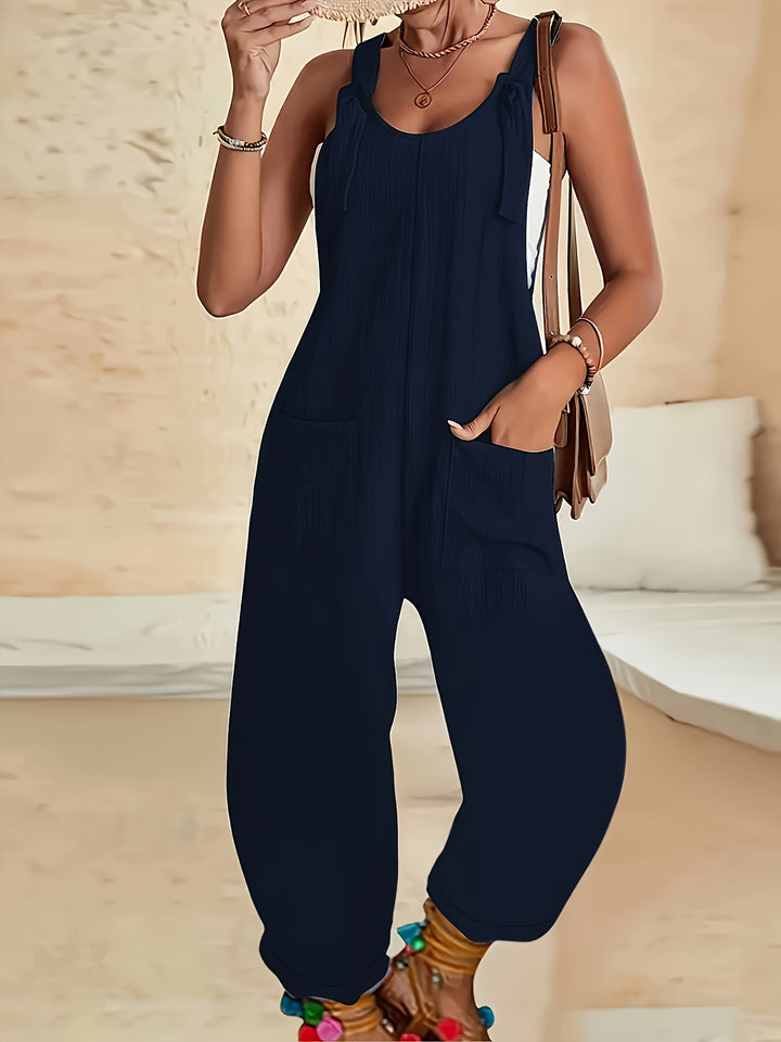 Casual jumpsuit with textured weave and knotted detail