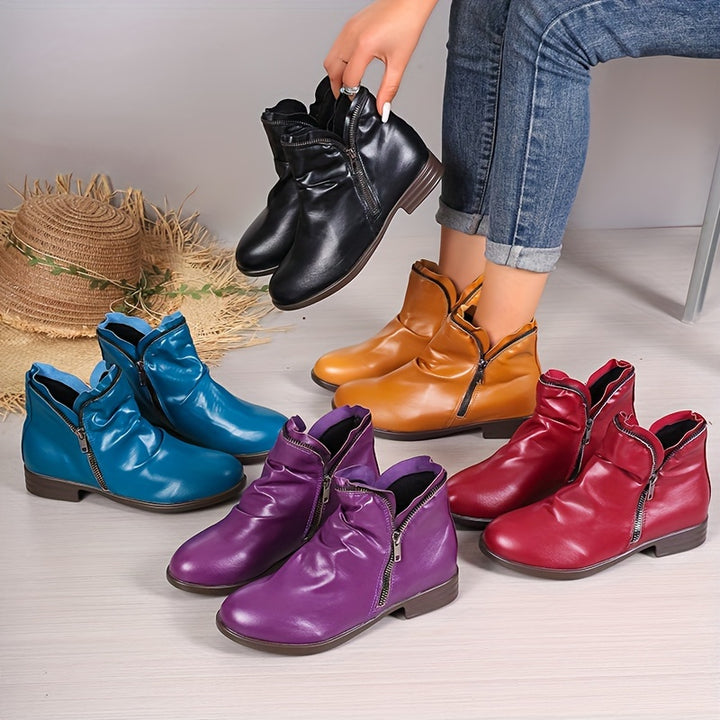 Women's Low Heel Round Toe Double Zipper Ankle Boots