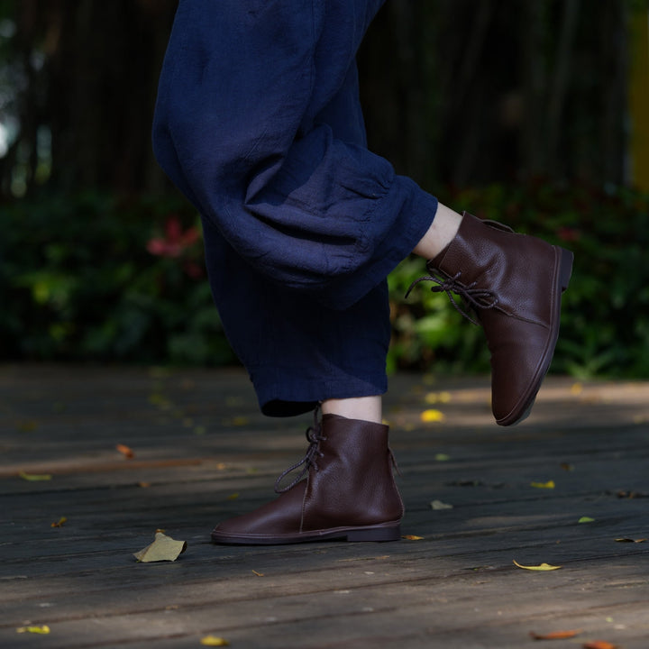 Round Toe Lace-Up Flat Ankle Boots