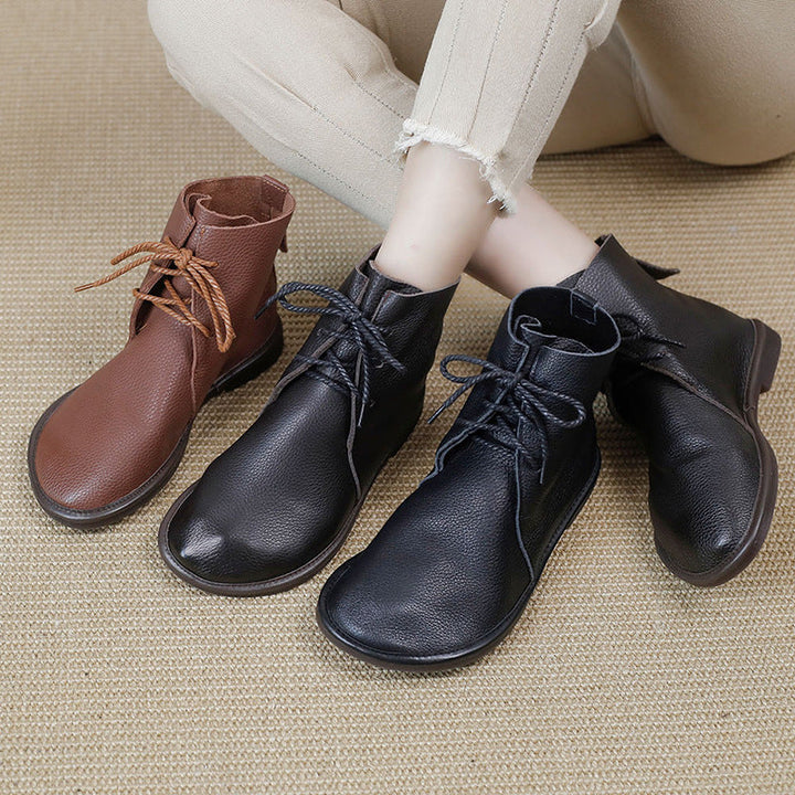 Round Toe Lace-Up Flat Ankle Boots