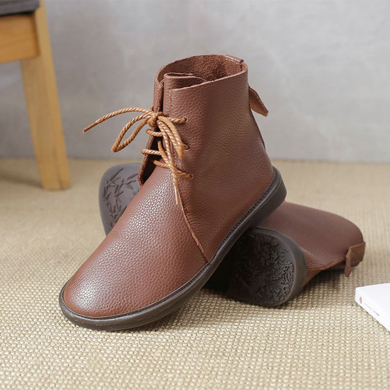Round Toe Lace-Up Flat Ankle Boots
