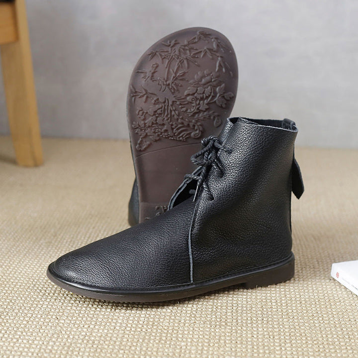 Round Toe Lace-Up Flat Ankle Boots