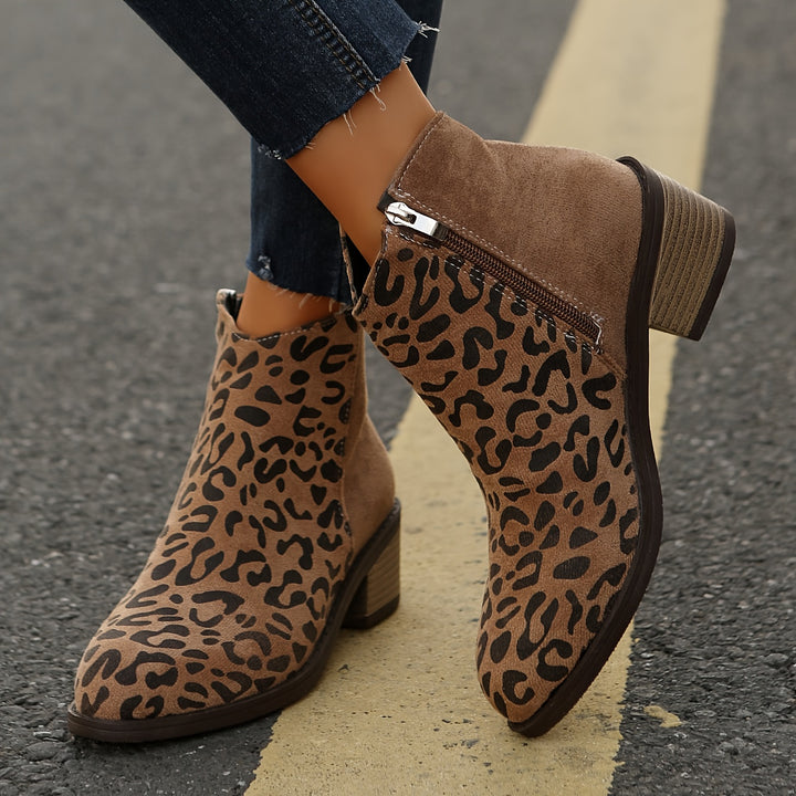 Women's Leopard Print Chunky Low Block Heel Ankle Boots