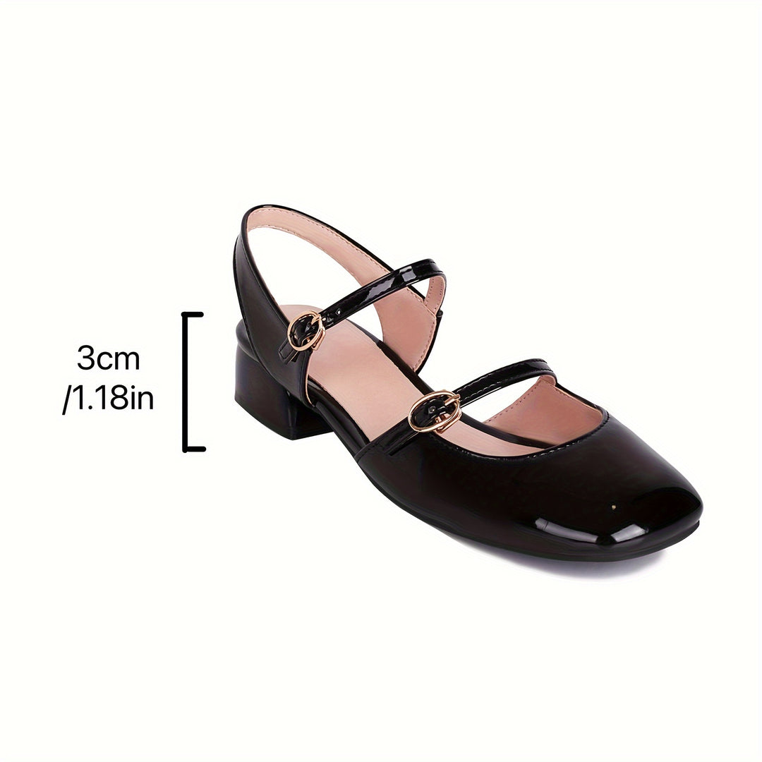 Square Head low Heel Buckle Shoes