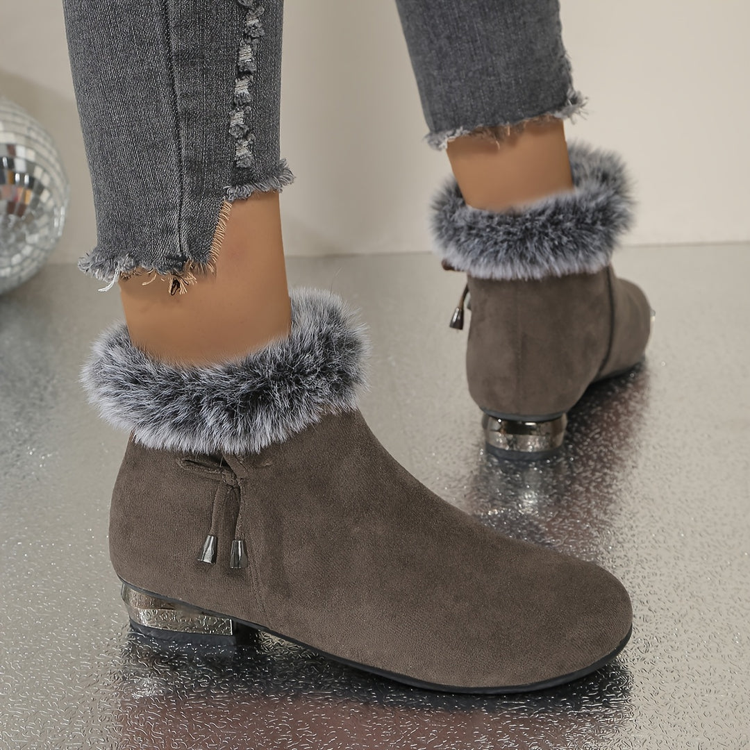 Women's Round Toe Ankle Boots with Faux Fur Trim