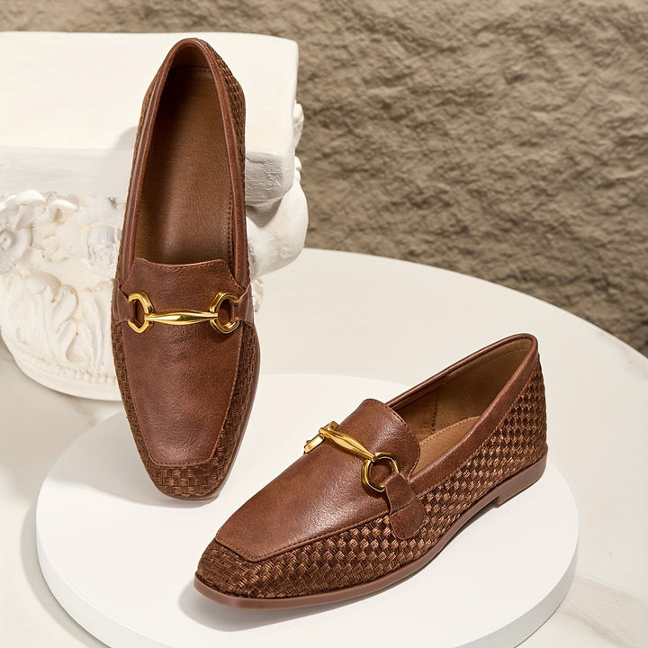 Brown Woven Fabric Loafers with Metal Buckle