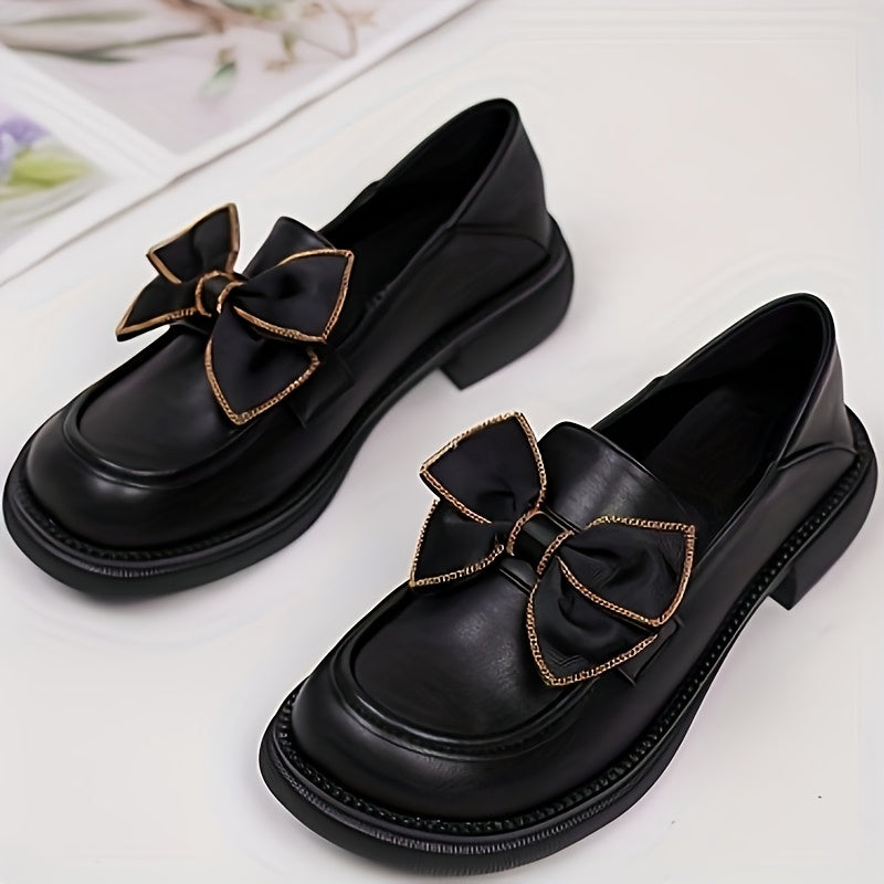 Preppy Style Bow-Decorated Thick Heel Loafers