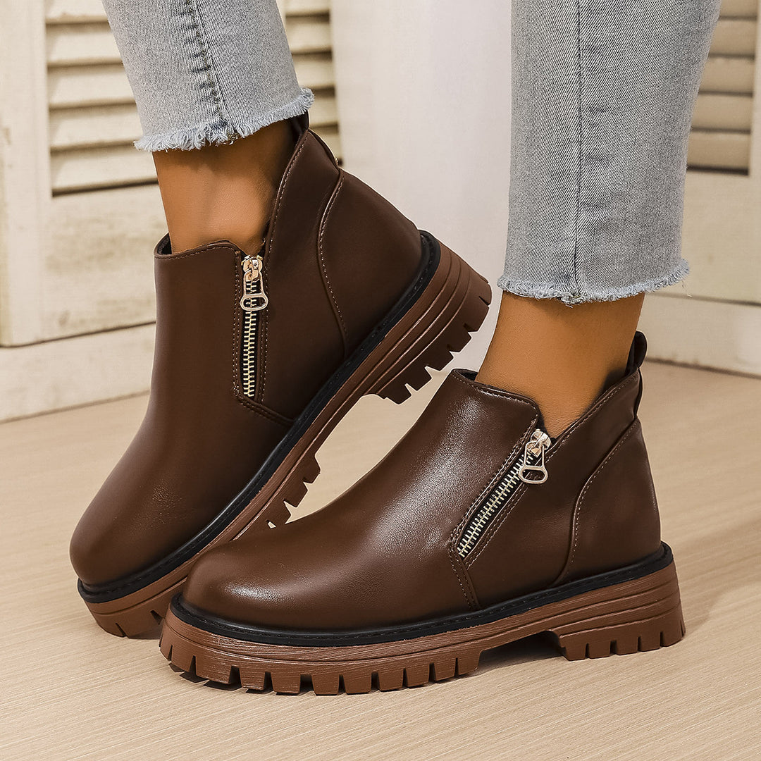 Round Toe Side Zipper Ankle Boots
