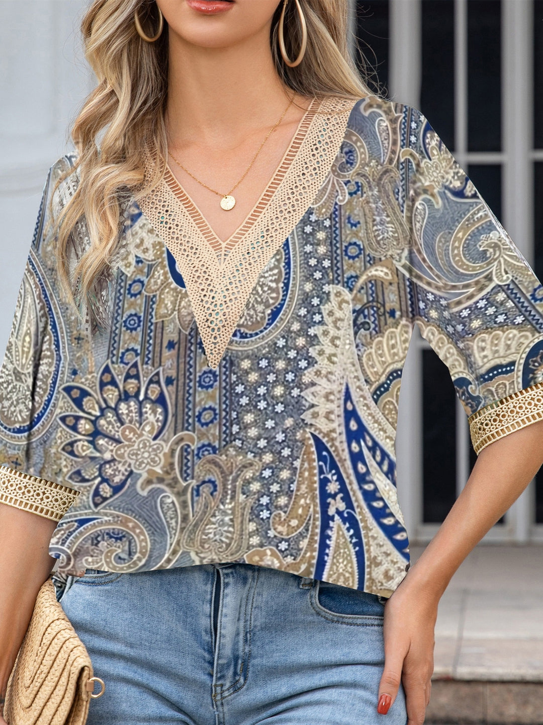Elegant V-Neck Blouse with Paisley Pattern