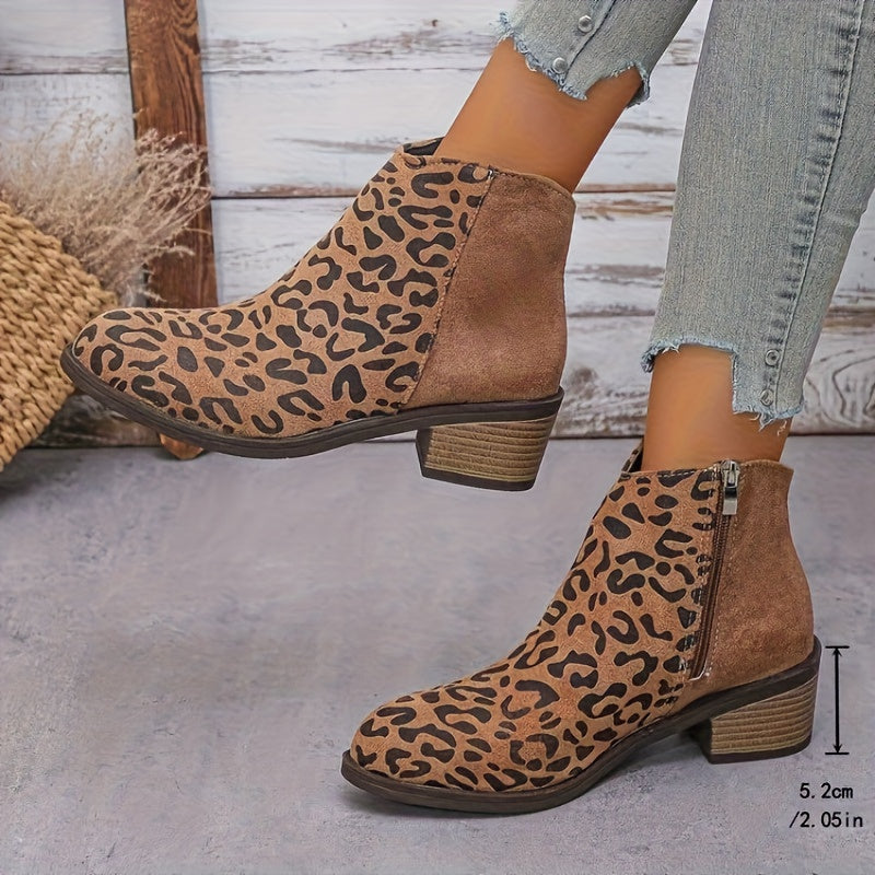 Women's Leopard Print Chunky Low Block Heel Ankle Boots