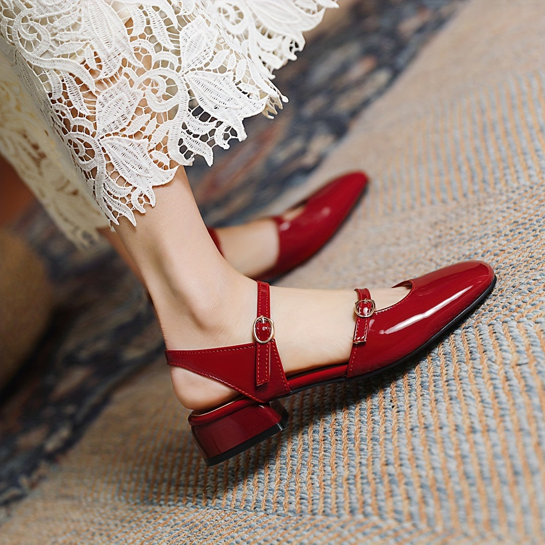 Square Head low Heel Buckle Shoes