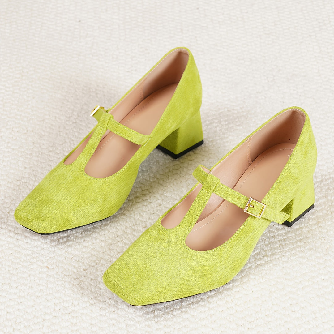 Square Toe Chunky Heel T-Bar Shoes
