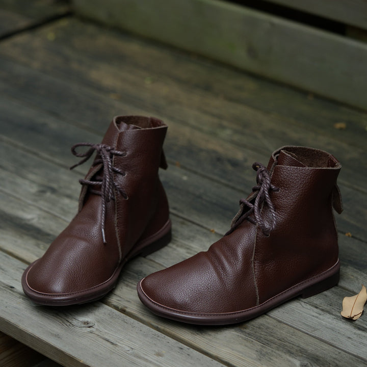 Round Toe Lace-Up Flat Ankle Boots