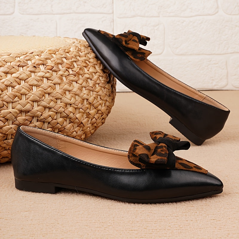 Women's Pointed Toe Flats with Leopard Print Bow