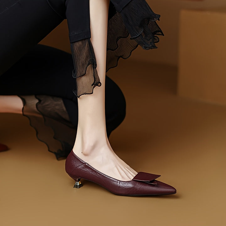 Wine Red Pointed Toe Pumps with Bow Detail