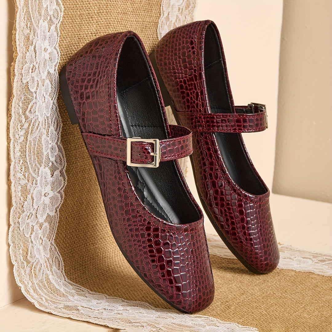Women's Red Crocodile Pattern Flat Mary Jane Shoe