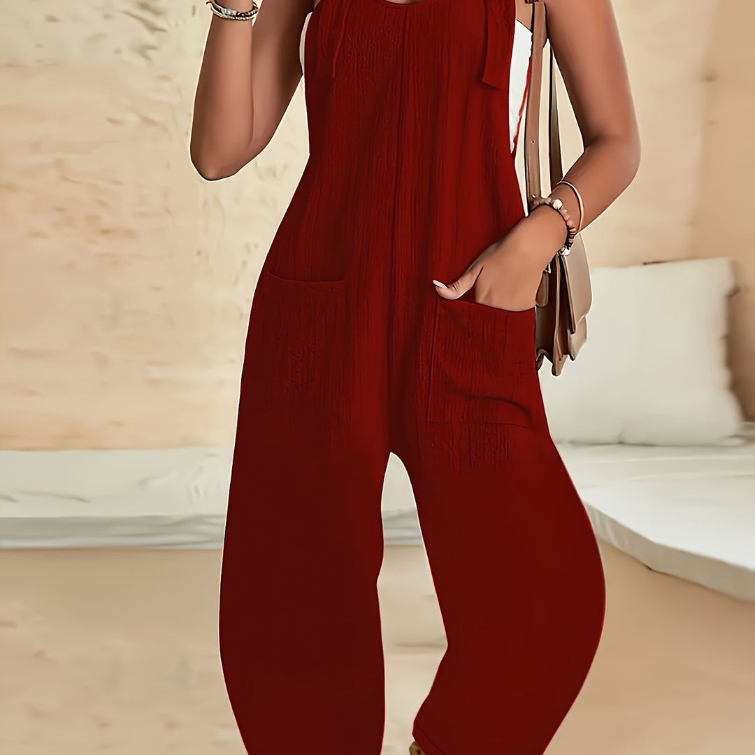 Casual jumpsuit with textured weave and knotted detail