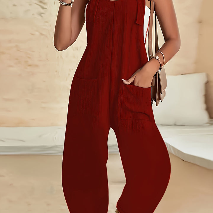 Casual jumpsuit with textured weave and knotted detail
