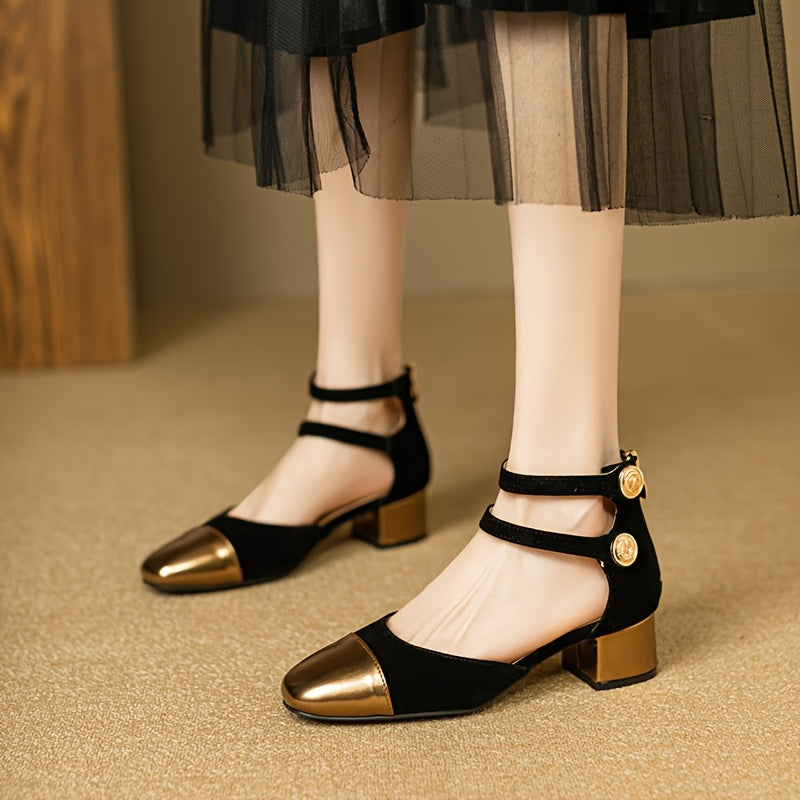 Round-ToeBlock Heel Buckle Shoes