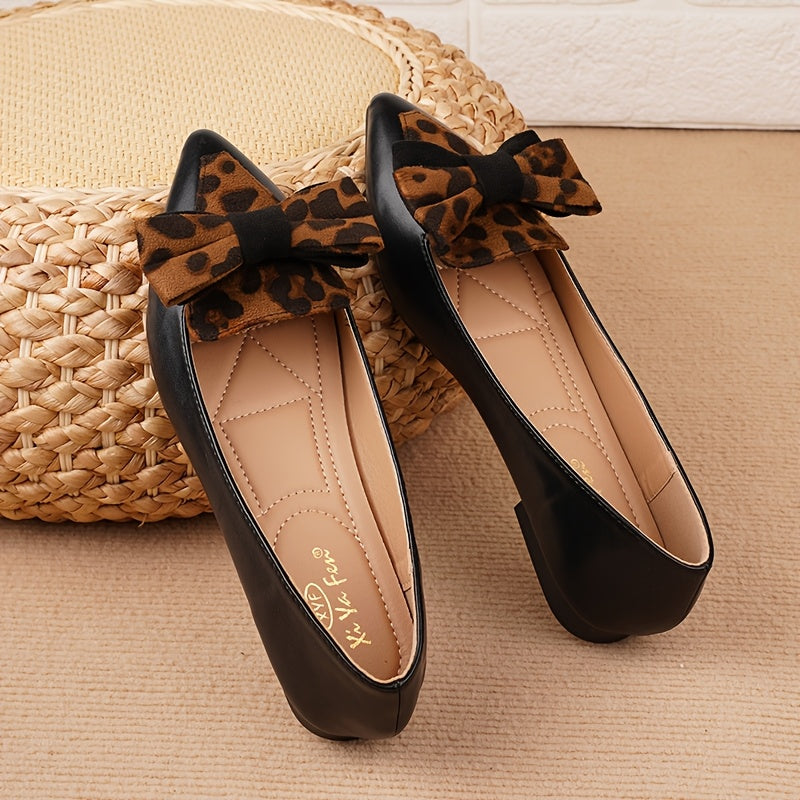 Women's Pointed Toe Flats with Leopard Print Bow